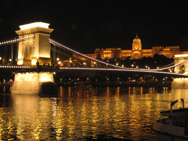 ブダ王宮と鎖橋<br />鎖橋のイルミネーションがドナウ川に反射しているところをメインに。