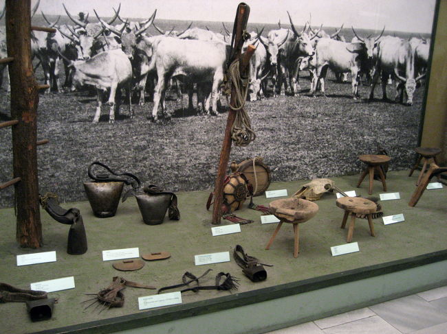 民族博物館の農具部門から<br /><br />あんまり詳しくないので、ほほぉ、というかんじで眺めました。<br />大きなカウベルが目につきます。<br />背後に写真があってわかりやすい展示です。<br />この風景はおそらく、セゲドなどを中心とするハンガリー東部の大平原あたりではないでしょうか。