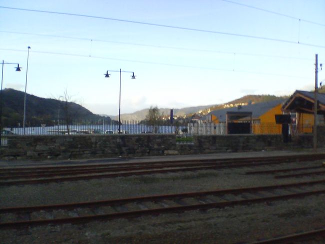 ベルゲンの駅を発車すると、すぐにトンネルに入ります。<br />トンネルを抜けると最初の停車駅に止まります。目の前はフィヨルドです。ここからフィヨルドに沿って暫く電車は進んでいきます。眼下にフィヨルドが広がっていて、この険しい場所によく電車を通したと大変感心しました。