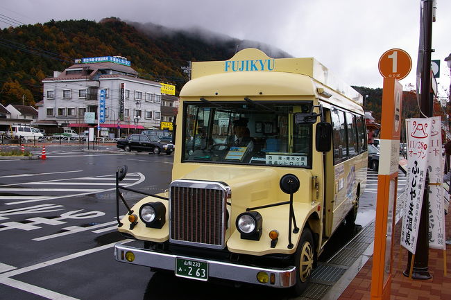 駅からレトロバスが出ています。河口湖周遊コースと西湖周遊コースの２系統があります。２日間のり放題のクーポンが１０００円でお得。