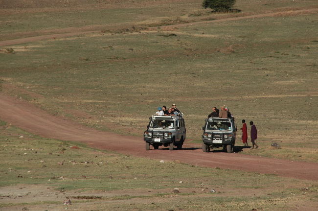 サファリカーにはマサイ族が寄ってきます。<br />ビーズ細工を売ってみたり、写真を撮らせてチップをもらったり。