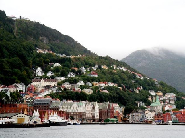 　ベルゲン港の対岸から眺めたブリッゲン地区。左上に見えているのが、フロイエン山の展望台です。