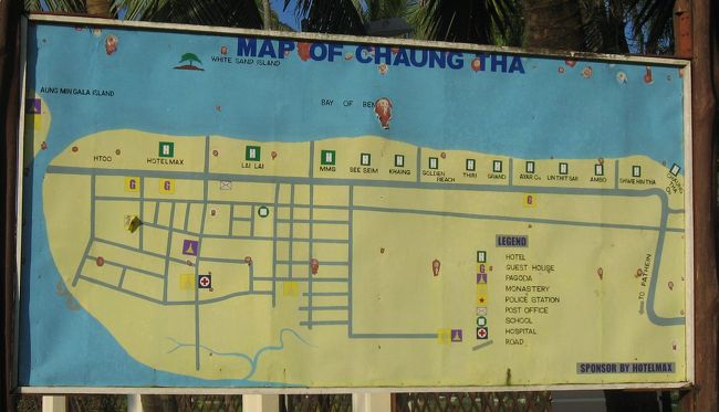 チャウンターの地図。<br />左が南。<br />Discovery InnはHotel Maxの向かい側。ビーチへはその左側を通ってゆく。