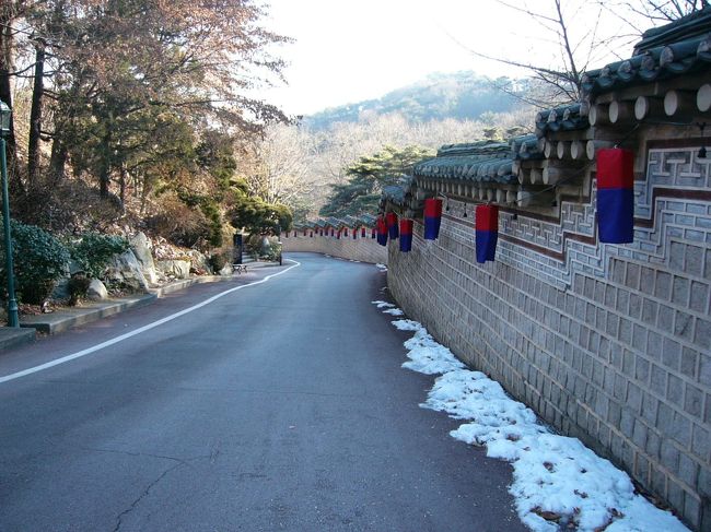 表紙の写真です。こんなすてきな壁が，入り口の門まで続いています。ところどころに小さな建物があります。ずいぶん古そうでした。