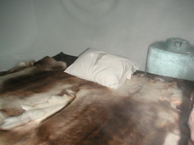 氷のベットには、トナカイの毛皮が敷かれている。この上に、完全防寒の服装で寝るそうだ。