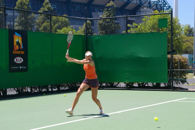 本戦前ということで自由に会場内に入ることができ、予選をみたり、本戦出場予定の選手が練習をしてたりとテニス好きにはたまらない状況でした。<br />人だかりができていたので何かと思えばバイディソバ選手が練習中でした。そのときは誰かわからなかったのですが、あとあと世界ランク20位程度の急成長中のバイディソバ選手と発覚。