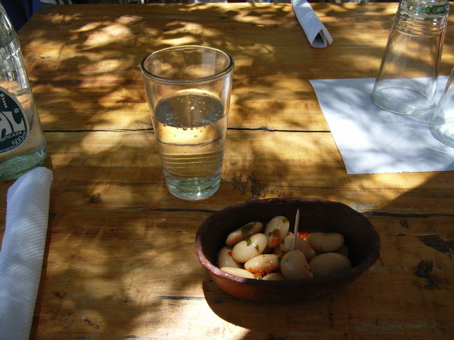 昼食は焼き肉屋。メニューちょうだいと言ったら、サラダかジャガイモと焼き肉しかないよとお母さん。名物のヤギ肉の焼き肉とサラダを頼んで、最初に出て来たのがコレ。<br />コレがめちゃくちゃ美味しい！白インゲン豆の水煮をキムチの素で和えた感じ。お勧めです。<br />ヤギ肉は私の頭半分くらいある固まりで、どうやって食べようか苦労してたら、お父さんが半分に切ってくれた。