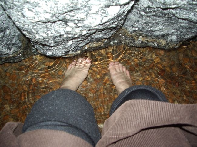 ３時間程のバス旅を経て城崎到着。<br />チェックインまで時間があったので足湯にでも。<br />平日なのに駅前の足湯は混みあっていたので、少し歩いた城崎文芸館前の足湯に。<br />私たち以外に足湯をしているひとはなく、貸切りでした。ですが、お湯がぬるくぜんぜん温まりませんでした･･･。がっかり。