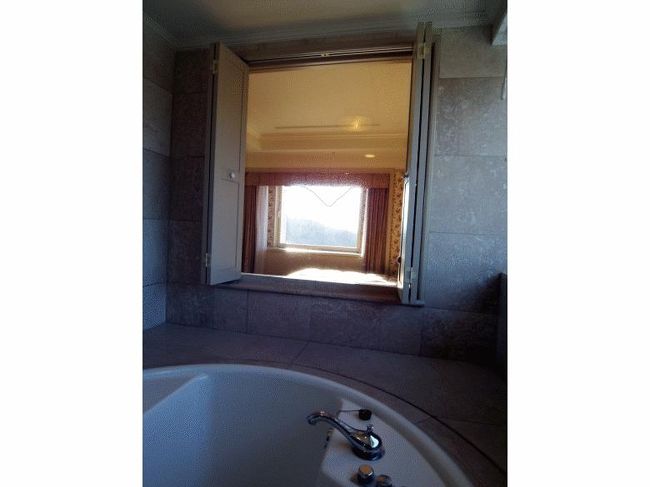 バスルームからベッドルームの窓越しに富士山の一部が見えます