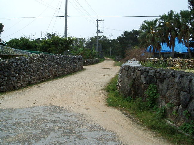 仲本海岸への道。独特の石垣と真っ白な砂に、島に来たんだな〜って実感。