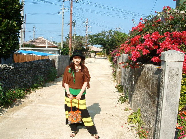 のはら荘の前の道で♪晴れた空に、原色の植物と真っ白い砂の道がよく映えてるよね☆