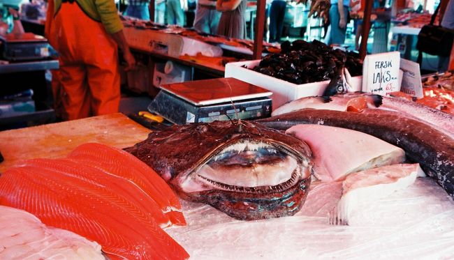 バーバーすぐそばのフィッシュ・マーケット。鮭、たら、蟹、魚の卵（イクラもトビコもひっくるめて”キャビア”と言う）など並ぶ。こちらの人は魚好き。そしてちょうちんあんこうが！あんこうも食べるのか！