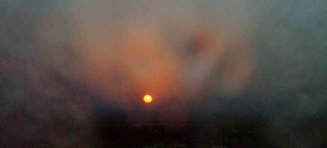 朝日を見に空港の東端まで行きますが<br />外側のガラスが曇っていて良く見えません。<br />外は相当むし暑いのかな？