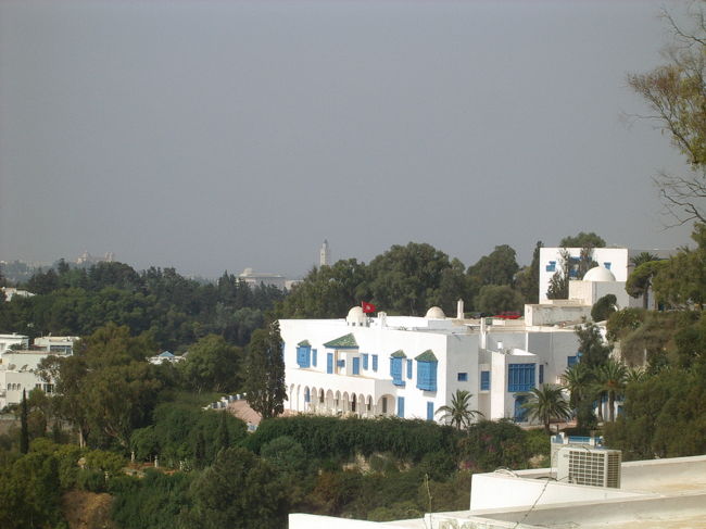 高台から見下ろすシディ・ブ・サイドの街。遠くにモスクらしき丸い屋根と尖塔が見えます。この日は曇りからだんだんと晴れてきました。空がどっちともつかない色になっています。<br />