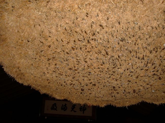 神楽殿<br />注連縄にコインがささると、願いごとが叶う<br />もうたくさんささっていて、何度か挑戦の末に成功。<br />同行者が投げたコインは、上に乗った。