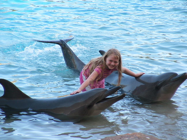 観客の中から選ばれた女の子が、イルカと遊ぶことができます。女の子もうれしそうです。