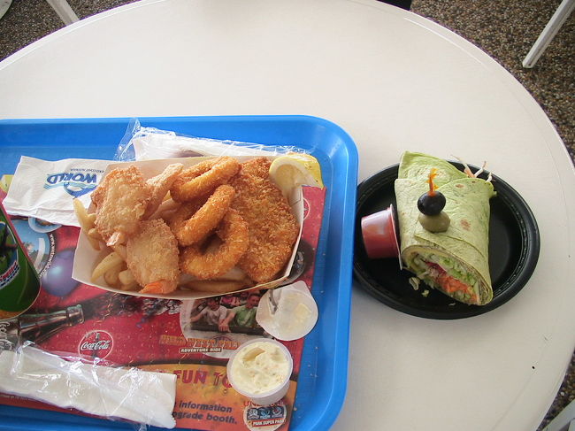 お昼は、フィッシュ＆チップスと、野菜のロールサンドにしました。