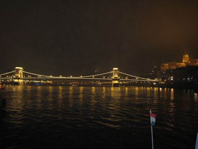 ドナウ川ナイトクルーズ。鎖橋のライトアップ。<br />ドナウの真珠。