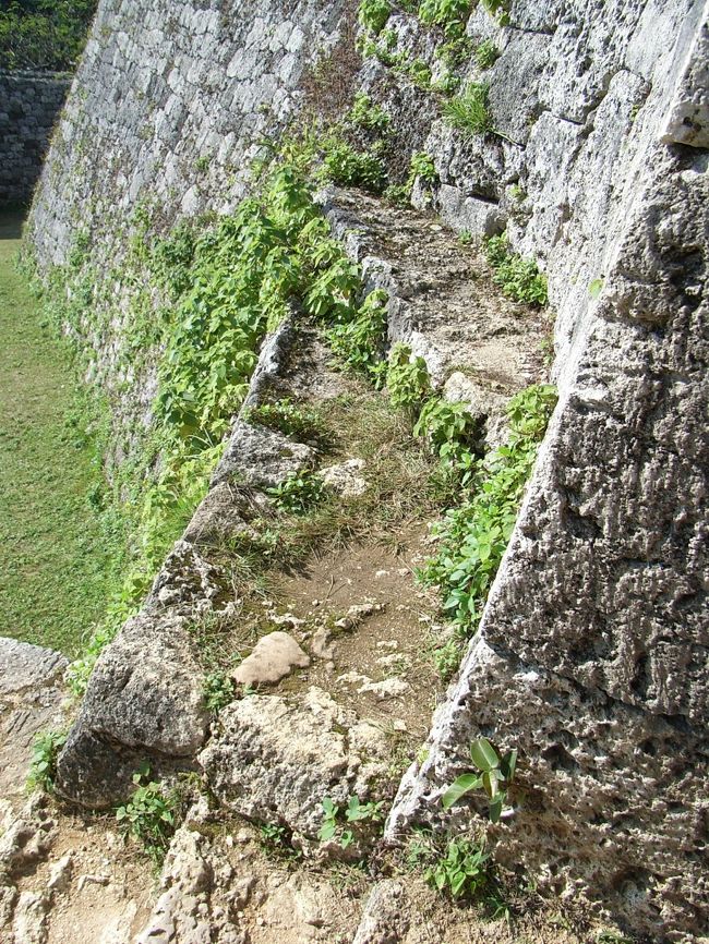 これはアーチの手前<br />外に向いた壁面です。<br /><br />人の足が乗るくらいの幅で出っ張りが出来ています。<br /><br />数メートルで大きな壁に同化して<br />なくなってしまうのですが、<br />他のグスクでは見かけない仕掛けです。<br /><br />見張り番でも立っていたのでしょうか？