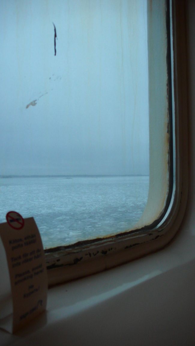 窓の外は真っ白。氷の浮いた海と、曇り空。