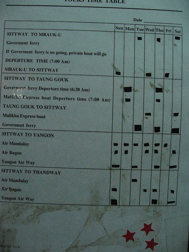 シットウェーの宿泊先は『Prince Hotel』。「歩き方」に載っているトリプルの広い部屋を13ドルに値引きしてもらう。気に入った。<br /><br />このホテルは旅行情報(写真)がしっかりしている。<br /><br />ロンプラでも触れられてる例のうっとうしい「ガイド」もやってくるけど、独自で情報を集めているオーナー(日本語可)は信頼できる。<br /><br />ちなみに2006年12月7日現在の運航状況(写真からも変わっている。平気で前日に変更されるし、現在もまた変わっていると思う)は、<br /><br />船<br />　シットウェー〜ミャウー　　火土　7時発<br />　ミャウー〜シットウェ　　　日水　8時発<br /><br />船　(ガバメント)<br />　シットウェー〜タウンゴッ　日火木金　6時半発　<br />　タウンゴッ〜シットウェー　木土　　　6時半発<br /><br />船　(マリカボート)<br />　シットウェー〜タウンゴッ　月木　　　6時半発　<br />　タウンゴッ〜シットウェー　木土　　　6時半発<br />　　<br />飛行機　　<br />　シットウェー〜ヤンゴン<br />　　Air Mandalay　　　　　　日〜金<br />　　Air Bagan　　　　　　　 火水土<br />　　Yangon Airway　　　　　 日木<br /><br />　シットウェー〜サンドウェ<br />　　Air Mandalay　　　　　　火<br />　　Air Bagan　　　　　　　 土<br />　　Yangon Airway　　　　　 日木<br /><br />このあとで2泊したけど、10ドルだったり12ドルだったり、金庫番の奥さんの顔色を見ながらオーナーと相談しながら宿代を決めたりして。<br /><br />同じく「歩き方」に載っている「Palace Hotel」はオーナーが変わり、「New Palace Hotel」にリニューアル。2階10$、3階15$。値引き交渉は失敗。だけど、従業員は親切でとても感じが良い。<br /><br />隣にかなりきちんとしたレストランが出来ていて、とくにシーフードはびっくりするほど美味い。サービスも気持ちよい。<br /><br />ただ、(そこに泊まった人によると)旅行情報はまだまだらしい。このような場所では、いつ船が出るか、いつ飛行機が出るか、の情報がとても大切。