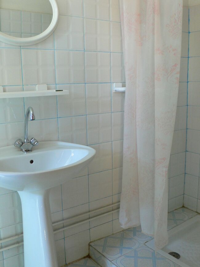 トイレ、シャワー、洗面台付きでD15＝1350円＝　<br />水色の目地もなかなかこじゃれているしお湯もOK。