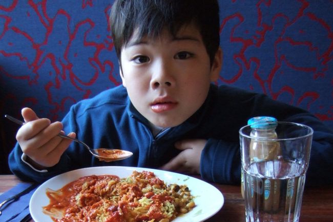 　「はらへった〜。ラーメンかカレーたべたい」という。ラーメンかカレーねえ。カフェかなんかで適当に食べればいいと思っていたので、チェックしてこなかったなあ。<br />　とりあえず駅まで戻ることにしました。<br />　駅の地下とか、近くのデパートとか、確か食べるところがあったと。。。<br />　<br />　地下に降りるまでもなく、食堂の案内を見つけてフィンランド航空の駅構内のオフィスの前をとおりぬけていくとインド料理のお店を発見！<br />　<br />　カレーの種類は決まっていて、カウンターで注文してセルフでテーブルへ運ぶようになっていました。お店の名前は「ＮＡＭＡＳＫＡＡＲ　ＩＮＤＩＡＮ　ＥＫＳＰＲＥＳＳ」<br />　エキスプレスっていうだけあって、早くできるのは腹ペコ大将にとってはよかった。<br />　Ｓ君はバターチキンカレー７．７ユーロ。<br />　お皿の上にたっぷり。味は本格派。<br />　テイクアウトで買っていく人が多いようでした。<br />　