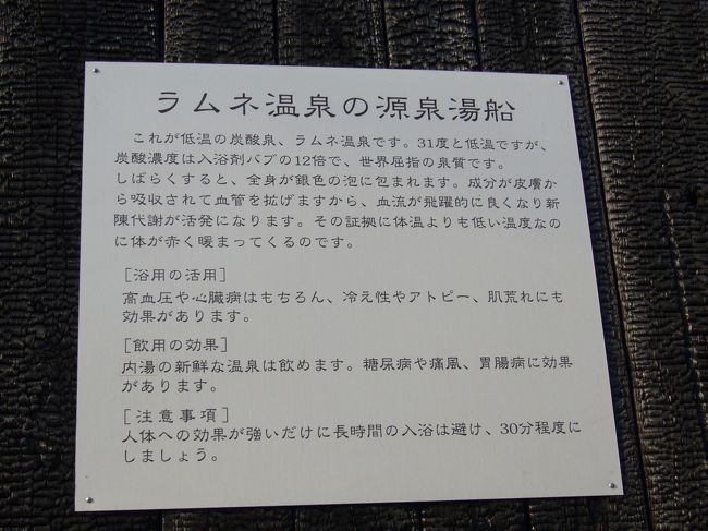 ラムネ温泉の効用です。入浴剤バブの１２倍の炭酸濃度だそうで、高血圧や心臓病のほか、肌あれなどにも効くそうです。