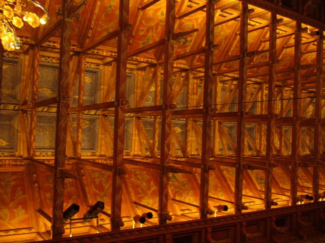 市庁舎議場の天井。バイキング時代の建物のイメージを取り入れた開放的な天井になっています。当初の計画を大幅に変更したせいで、予算オーバーになったとか。