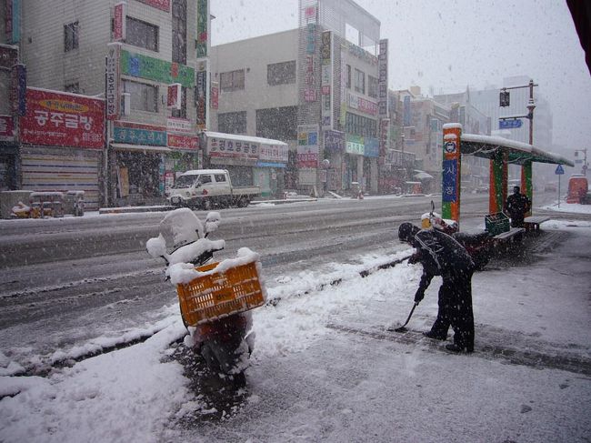 コンジュの町は、昨夜半から、大雪に・・・。<br />どうりで、寒かったわけだ。<br />それにしても、すごい雪で、今日のプヨ（扶餘）行きは、やめて、南海岸のヨス（麗水）に向かう事にする。