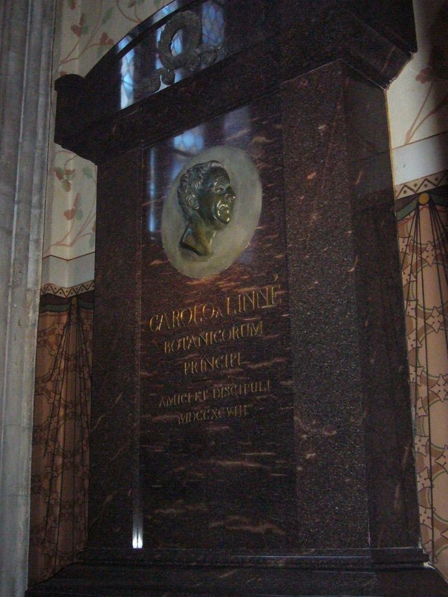今年（２００７年）で没後300周年を迎える、植物学者カール・リンネの碑です。大聖堂内の地面にあったお墓の周りは黄色い花で囲まれて、特別な扱いでした。ちなみに空港もリンネ300周年の看板がかかっていました。
