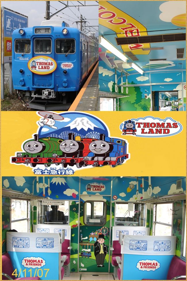 ４月１１日１０時３０分富士吉田発大月行きの富士急列車がなんと　トーマスランド号でした。<br /><br />アンパンマン列車のように外も内もトーマス君と彼の友達の絵で飾られているのです。　<br /><br />トーマス君はアメリカや１３０の国で知られているキャラクター。　１９４０年にイギリスの　アウドリー牧師作の物語。　キャラクターのトーマス君は１９４５年生まれ、若く見えますが大分年をとっています。<br /><br />１９８４年に漫画映画となりテレビで放映されてからは世界中で愛されるようになったキャラクター。<br /><br />日本には１９９１年に上陸、富士急ハイランドがトーマスランドにもなっているようですね〜。<br /><br />