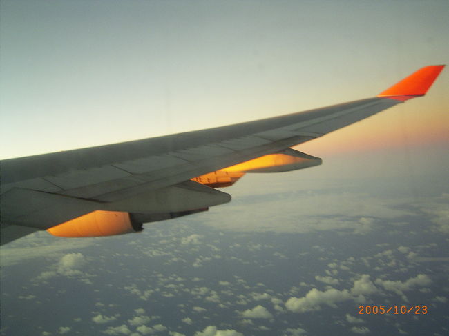 飛行機の中で<br />「1日目はここへ行って〜」<br />など、ガイドブックを見ながら<br />ハワイを研究。<br /><br />ウキウキ　ワクワクしてたら<br />いつのまにか朝日が！！<br /><br />