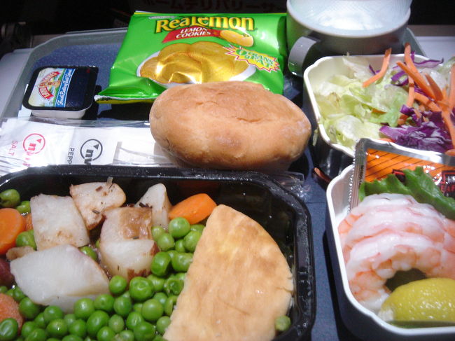 そして、帰宅。<br /><br />この機内食は、ビーフシチュー。<br />妻が頼んだ鳥のすきやきも含めて、これはイマイチ。<br />（まあ、機内食ですから…）