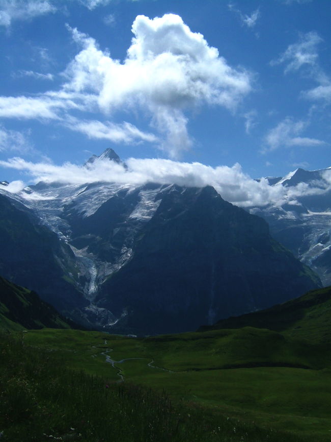 前の写真より少し右に移ります。<br />左側の一番高い山はシュレックホルン。<br />右側の白い三角の山は、クライン・フィッシャーホルン（標高3900m）です。<br />シュレックホルンとクライン・フィッシャーホルンの間にベルナー・アルプスで一番高い山であるフィンスターアールホルン（標高4274m）がみえるそうですが、雲に隠れて見えませんでした。残念です。