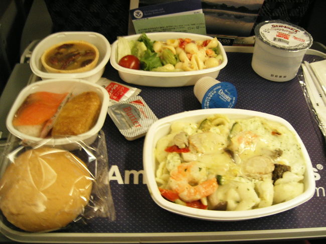 AAの食事。成田→シカゴ。<br />左上のピーナッツクリームがほんっとにまずかった。<br />この旅で一番まずかった。<br />アメリカ人の舌疑う。