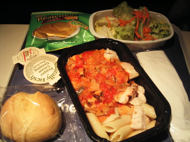 AAの食事。シカゴ→マイアミ→リマ。<br />マイアミでの乗り継ぎ時に<br />航空券の便名が間違ってて手間取り、<br />空港内猛ダッシュ。汗だく。<br />AAはなにかしらあるとは聞いてたけど、<br />やっぱりありました。