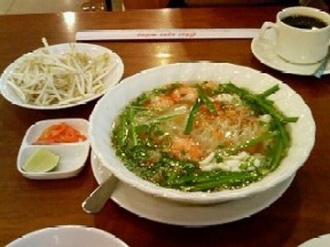 成田→ホーチミン(ﾀﾝｿﾝﾆｬｯﾄ空港)→ﾀﾞﾅﾝ→ﾎｲｱﾝという経路でした。写真はﾀﾝｿﾝﾆｬｯﾄ空港内のﾚｽﾄﾗﾝで食べたﾌｫｰです。空港内は高くて劣悪と言う様な情報もあったのですが、こちらは意外と美味しかったです。ﾍﾞﾄﾅﾑで初めて食した食べ物。<br />ﾀﾞﾅﾝ空港へはﾎﾃﾙのｽﾀｯﾌがお迎えに来てくれました。ﾎﾃﾙまで車で1時間くらい。車の中から街並みを見ているとﾍﾞﾄﾅﾑに来たんだな〜という実感が湧いて来ました。