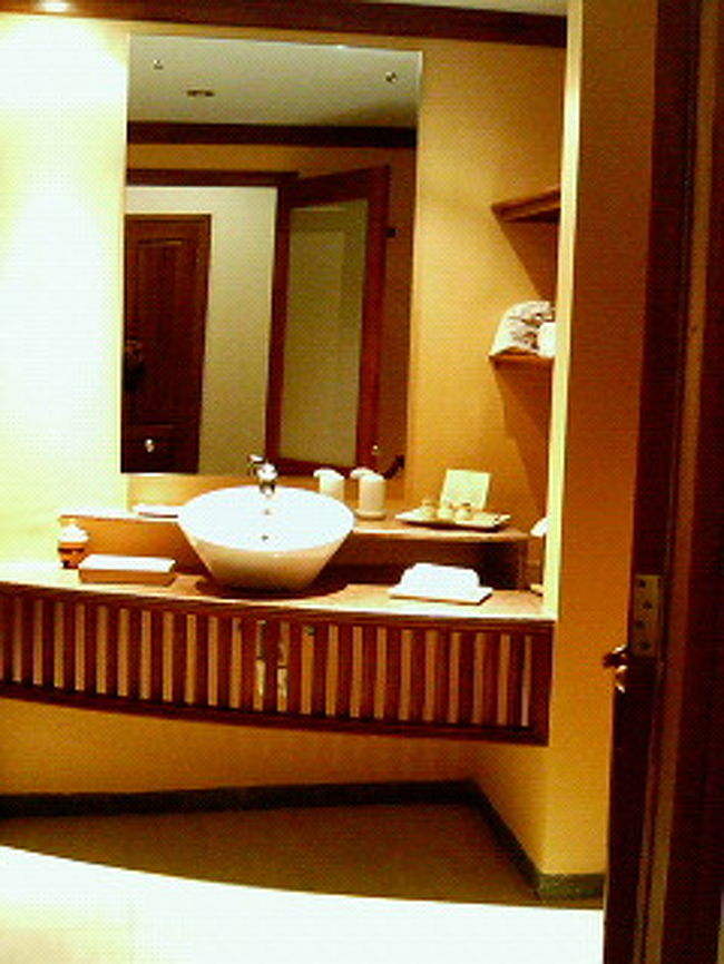 ﾊﾞｽﾙｰﾑの洗面所！歯ﾌﾞﾗｼ忘れた･･･売店も閉まっていたた為、仕方なく機内食に付いていたsaltを指につけて磨いてみたものの全然さっぱりせず。洗面所にはﾐﾈﾗﾙｳｫｰﾀｰが置いてありました。