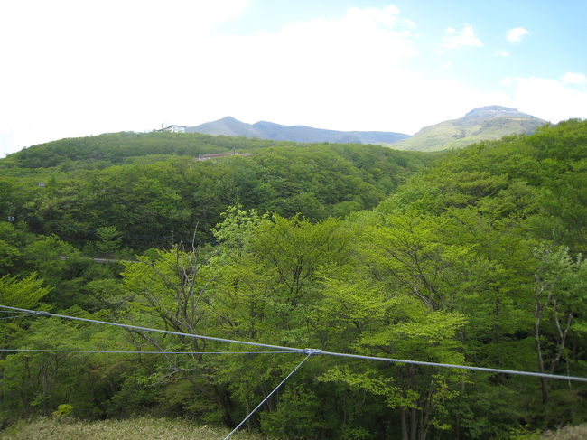吊橋の途中で新緑の向うに茶臼岳が見えました。<br />すぐに曇ってしまいましたので、ほんの一瞬だけ顔をのぞかせてくれました。