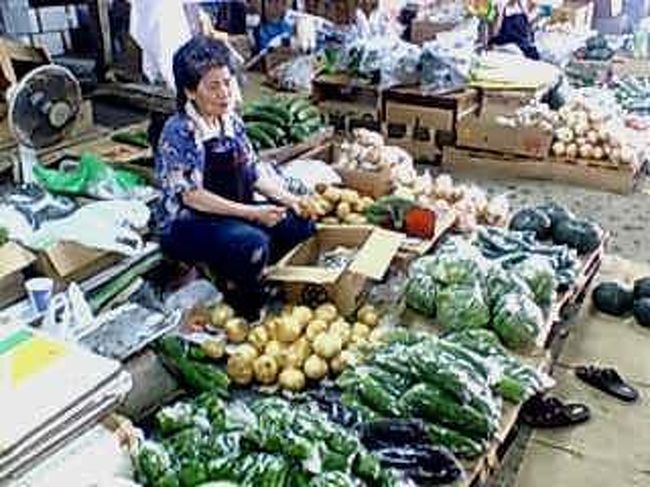 なぜか、おばあ二人が一生懸命、野菜を仕込んでいた。<br />新鮮な穫れたてゴーヤが３本で１００円！という破格。<br /><br />話を聞くと、今日は日曜でうちらしかやってないけど<br />朝３時ぐらい、とくに明日月曜は一番賑やかになるよと教えてもらった。<br />残念ながら明日石垣なんス…<br />石垣から東京帰るから買えないス…<br /><br />また次来たときに寄ります！と返答し、そのおばあのたくましさ<br />そして、働いて何年だろう？人間としていい表情は、内面があってこそなんだと改めて気づかされる。<br /><br />それにしても、ここは野菜が破格だ。