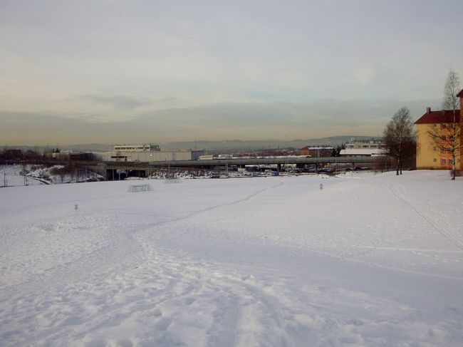 ユースからトラムの停留所方面の眺めです。夏は運動場？のようですが、雪原になっていました。
