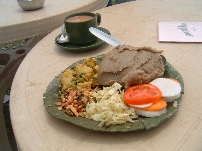 　で、でたあ！炎天下の湖上をゆられながら、２時間かけてやってきた甲斐があるのかないのか。茶色の大きなかたまりは「デロ」というそば粉を練ったもの。手で一口大にちぎるというか、すくうというか、で口に放り込み、勢いよく飲みます。噛むとまずい。都合が悪いのではなく、おいしくないのです。