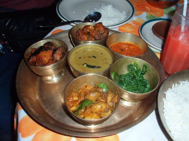 夕食は、タメル地区のカトマンズ・ゲストハウスにあるレストラン、ラスクスでネワール料理を楽しみました。これはセットディナーです。写真右に移っている赤い色をした飲み物はスイカジュース。私はやめるよう忠告しましたが、ニシキヘビを首に巻いて喜んでいた連れが注文しました。彼はおそらくはこのせいで翌日から苦しむことになるのです。