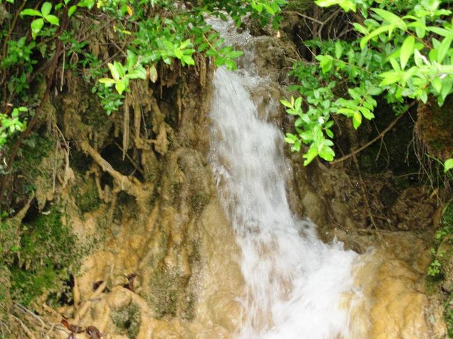 道路の脇に流れ出す水も、周りを炭酸カルシュームで黄色く変色させていました。雨季の始まりですから、水量は更に増してくるかも知れません。