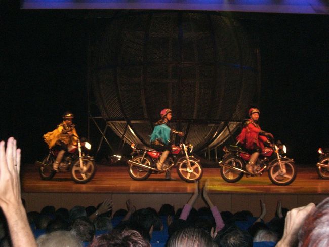 後に見える大きい網の球体の中を４台のバイクが走り<br /><br />回ってた！！よくぶつからないよなぁ！！