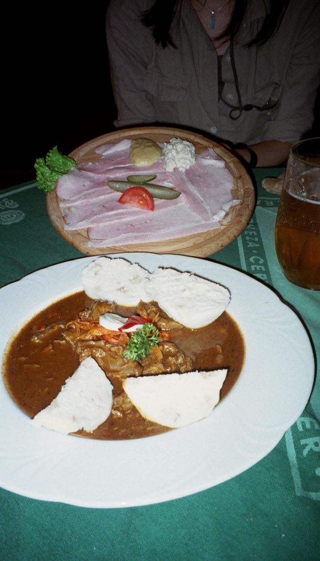 「チェコへ行こう！」に載ってたまんま、<br />指差し注文(^0^A)<br />・プラハハム・・・おいしい〜♪<br />・牛肉のグラーシュ・・・おいしいけど濃い。　<br />　　　なるほど、素朴な味のクネドリーキに合う。<br /><br />ってか、ビールに合う！！