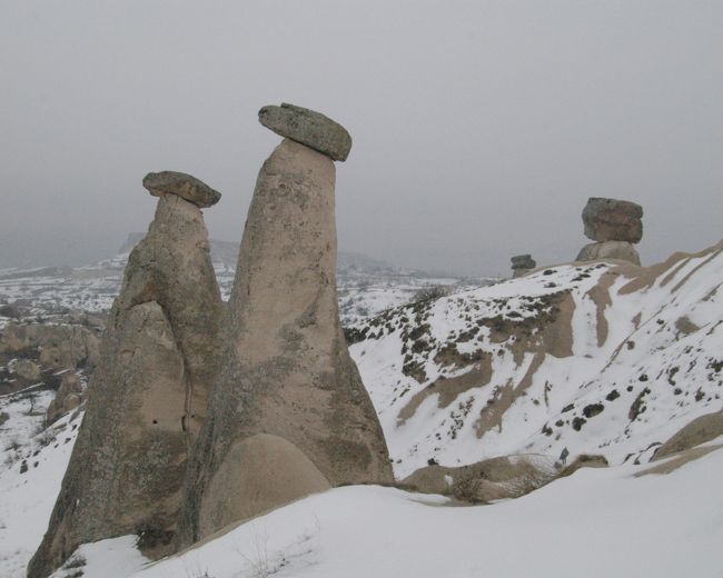 朝7時45分ホテルを出発する。<br />カッパドキアには、きのこの形をした多数の岩があることで有名である。この地形は3000万年前にエルジェス山（標高3916m）が噴火し、火山灰と溶岩が堆積し、軟らかい凝灰岩と硬い溶岩の層を作った。その後、侵食が進み軟らかい凝灰岩の層は雨、風に削られ硬い岩を中心に残り、いろいろな特異な形状の岩が残された。私は男の逸物と見てしまい、つい顔を赤らめてしまう。<br />写真はカッパドキアで1番有名な岩「バジャバア」<br />3人姉妹、妖精の煙突とも呼ばれる。