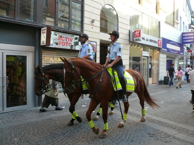 騎馬警官。 かっこいいね。 そういえば、Osloでも見かけたけれど、普通にいるのかな？ 馬糞が落ちてるのがそのままになっているのがいただけないけど、仕方がないか。 翌朝の清掃時に綺麗になったみたいだが。 