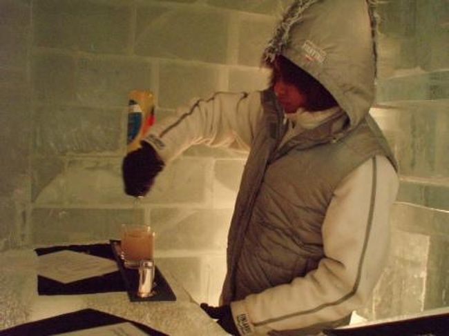 カクテルを作る、店員さん。<br /><br />しっかり着こんでいます。<br />それでもここで仕事するのは大変ですよね。<br /><br />ご苦労様です。<br /><br />私も今夜は退散、ホテルに戻りました。